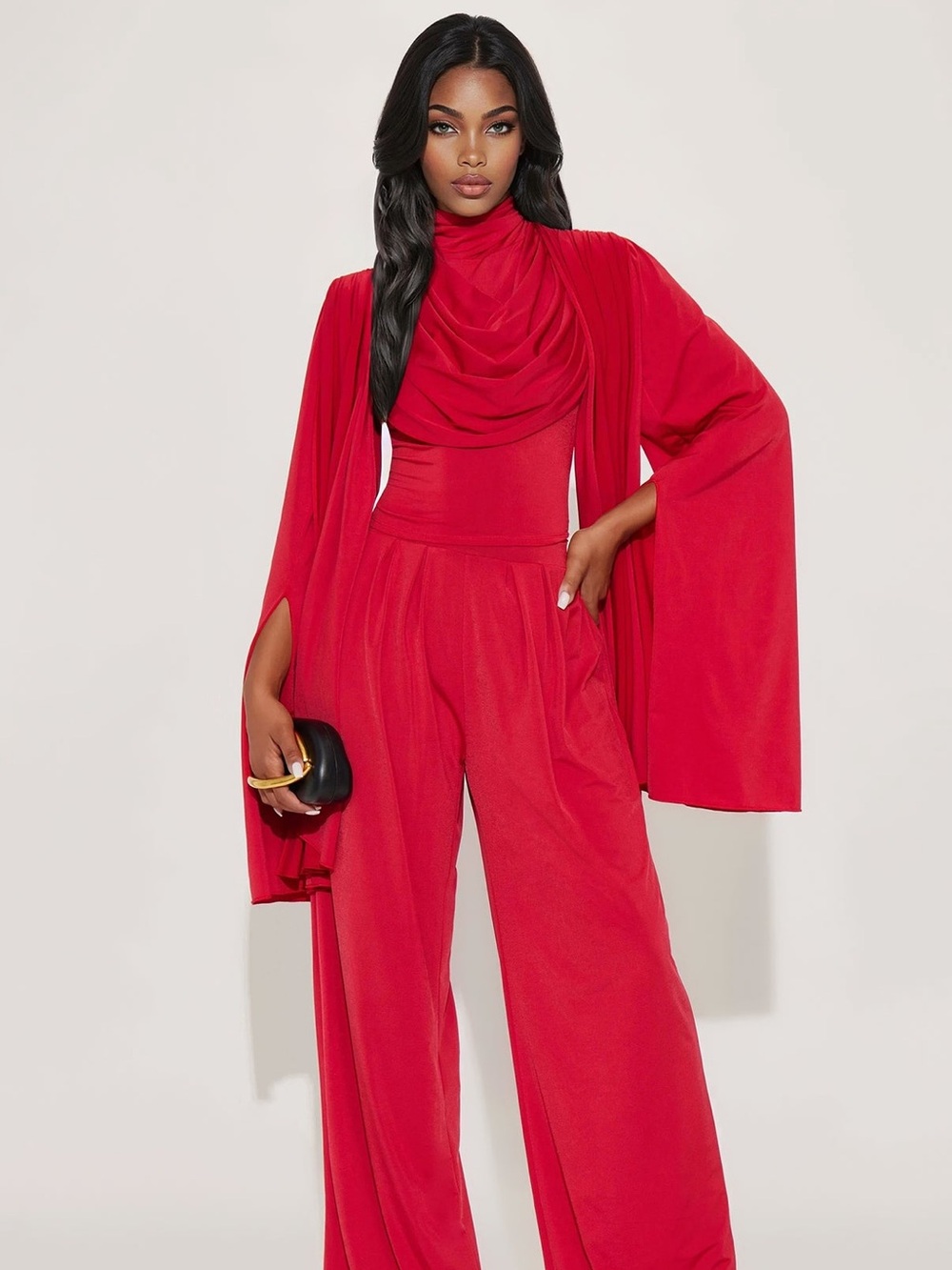 Fashion Nova Red Draped Wide-Leg Jumpsuit
